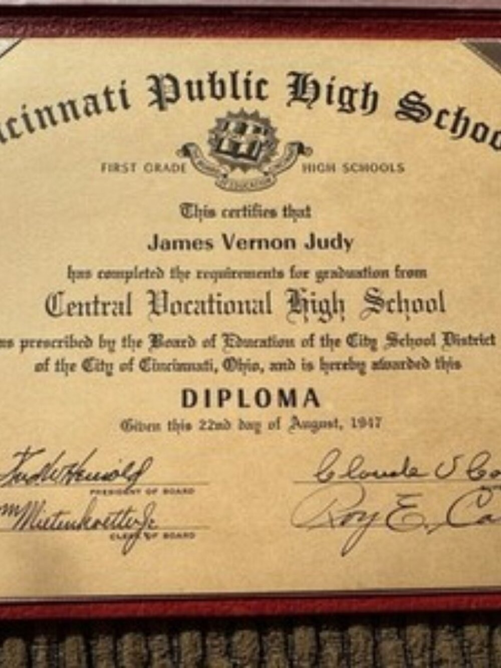 Original Cincinnati Public High School Diploma 1947 Central Vocational School - Picture 4 of 5